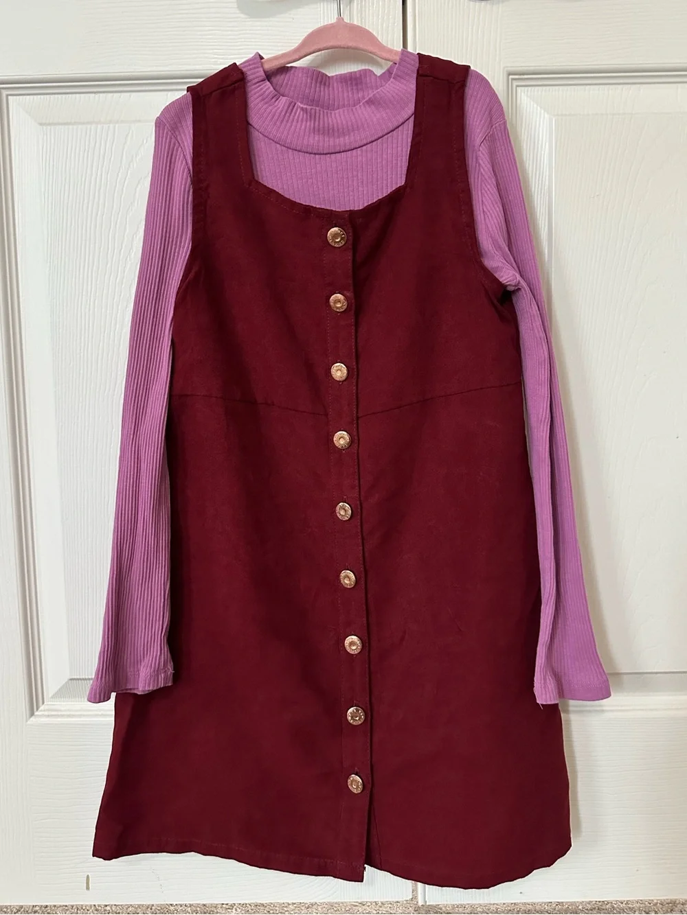 Vince Camuto - Burgundy Button-Front Pinafore Dress with Pink Top